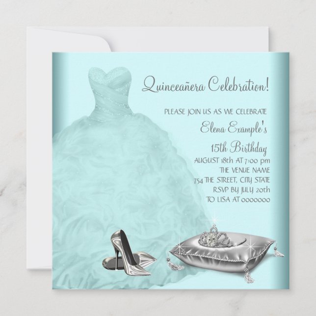 Ball Gown High Heel Shoes Teal Blue Quinceanera Invitation (Front)