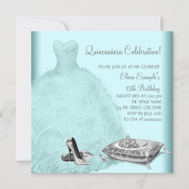 Ball Gown High Heel Shoes Teal Blue Quinceanera Invitation (Front)