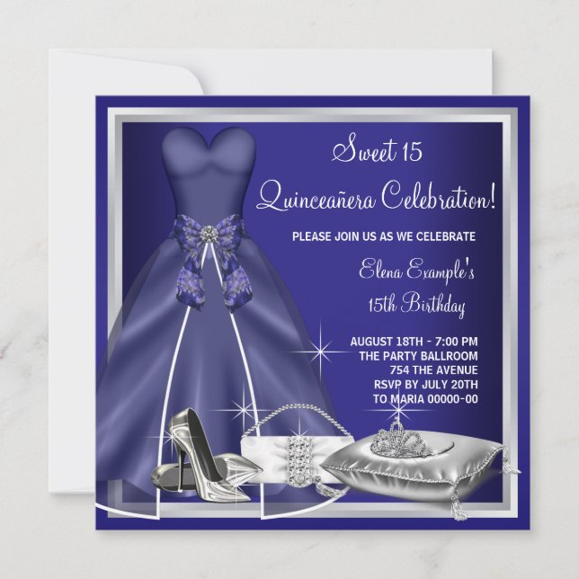 Ball Gown High Heels Royal Blue Quinceanera Invitation (Front)