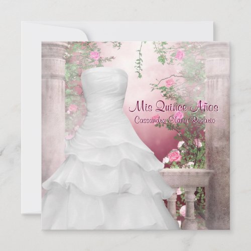 Ball Gown Pink Rose Quinceanera Invitations