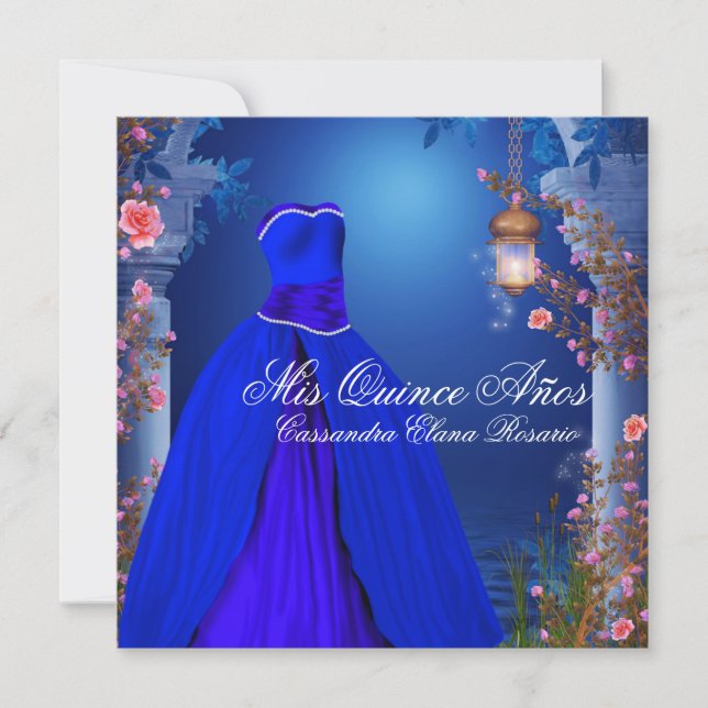 Ball Gown Royal Navy Blue Rose Quinceanera Invitation (Front)