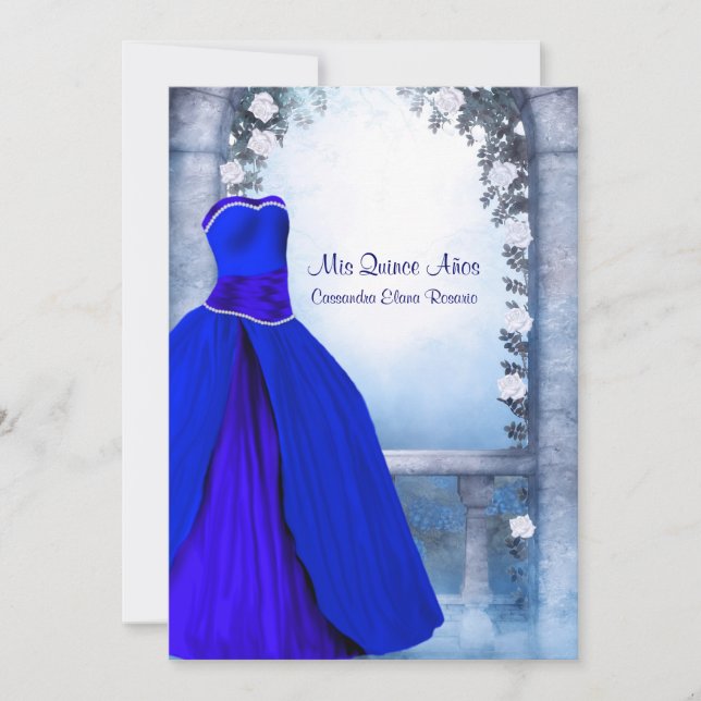 Ball Gown Royal Navy Blue Rose Quinceanera Invitation (Front)