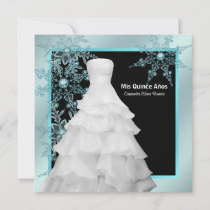 Ball Gown Teal Blue Winter Snowflakes Quinceanera Invitation
