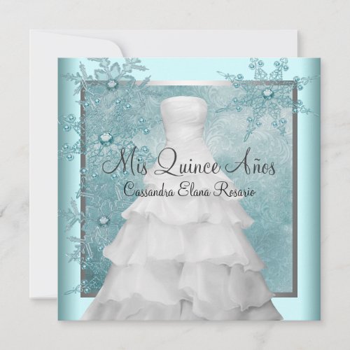 Ball Gown Teal Blue Winter Snowflakes Quinceanera Personalized Announcement