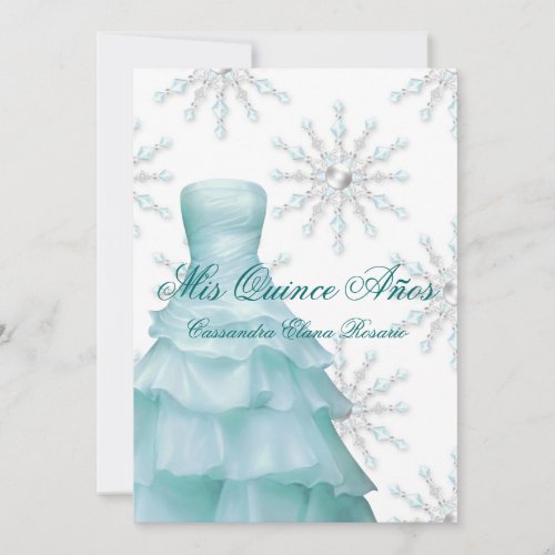 Ball Gown Teal Blue Winter Snowflakes Quinceanera RSVP Card