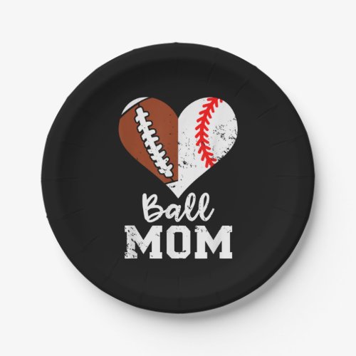 Ball Mom Heart Funny Football Baseball Mom Paper Plates