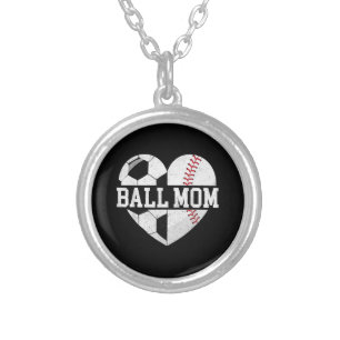 Ball Mom Shirt Heart Funny Baseball Soccer Mom Silver Plated Necklace
