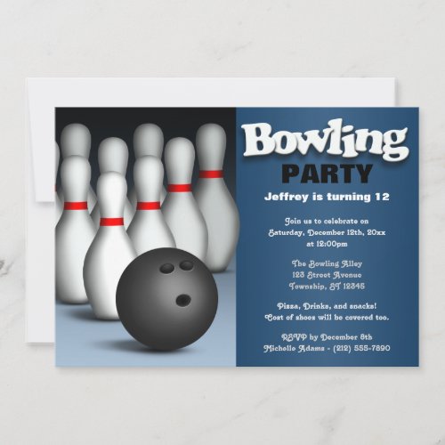 Ball &amp; Pins Blue Bowling Birthday Party Invitation