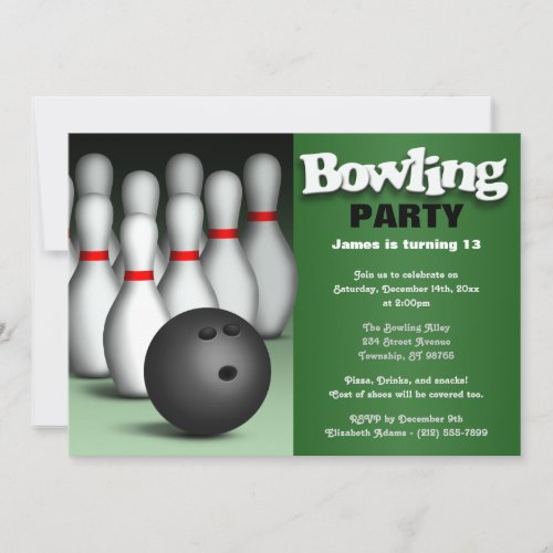 Ball  Pins Green Bowling Birthday Party Invitation