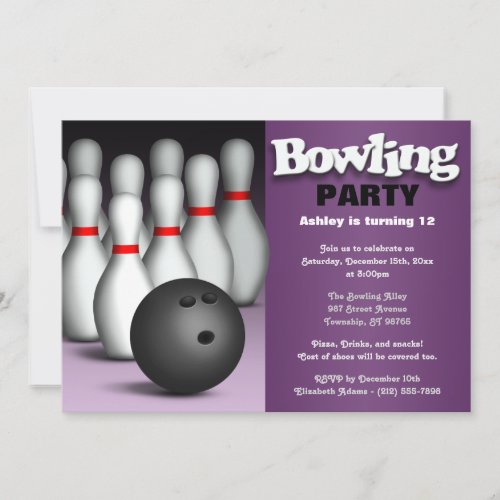 Ball  Pins Purple Bowling Birthday Party Invitation