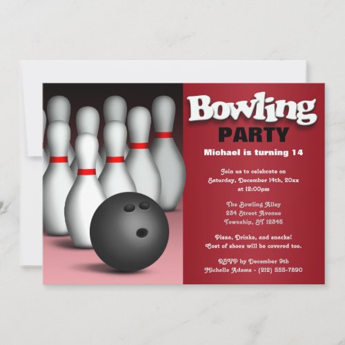 Ball  Pins Red Bowling Birthday Party Invitation