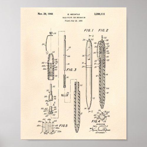 Ball Point Pen 1966 Patent Art Old Peper Poster
