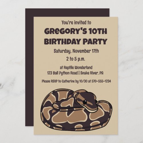 Ball Python Snake Brown and Tan Personalized Invitation