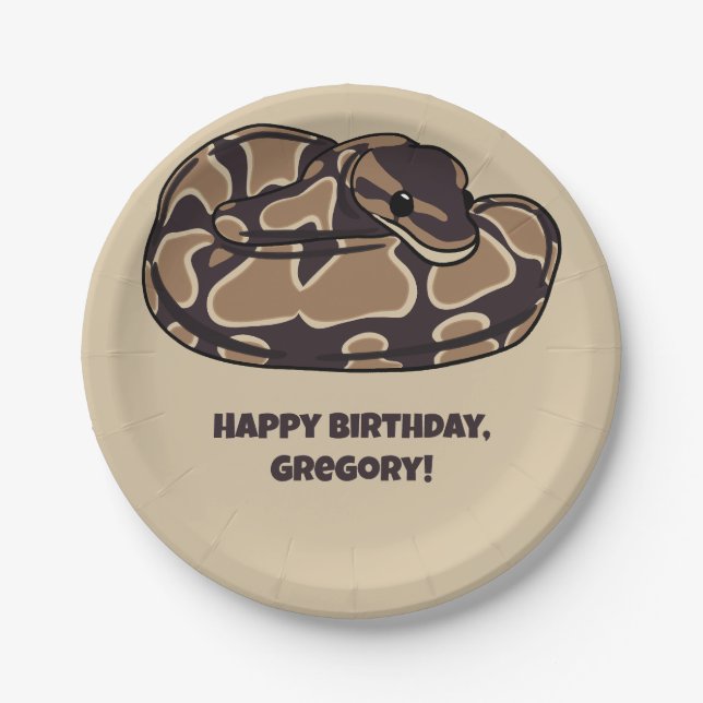 Ball Python Snake, Brown and Tan Personalized Paper Plates (Front)
