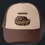 Ball Python Snake, Brown and Tan Personalized Trucker Hat<br><div class="desc">This trucker's cap features a realistic style illustration of a coiled ball python snake in dark brown and tan. It's ready to be personalized with a name in dark brown lettering. Makes a great gift for pet snake owners.</div>