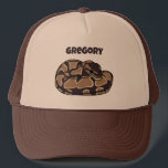 Ball Python Snake, Brown and Tan Personalized Trucker Hat<br><div class="desc">This trucker's cap features a realistic style illustration of a coiled ball python snake in dark brown and tan. It's ready to be personalized with a name in dark brown lettering. Makes a great gift for pet snake owners.</div>