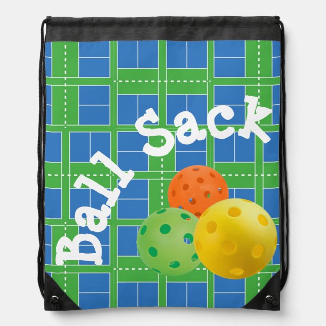 Ball Sack for Pickleballs Blue Green Orange Yellow Drawstring Bag (Front)