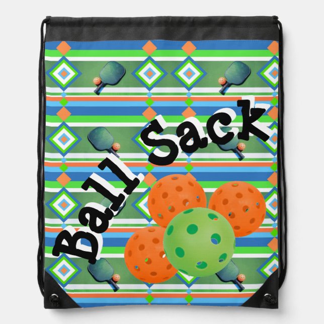 Ball Sack for Pickleballs, Paddles, Balls, Striped Drawstring Bag (Front)