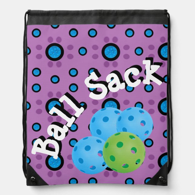 Ball Sack for Pickleballs, Purple Blue Polka Dots Drawstring Bag (Front)