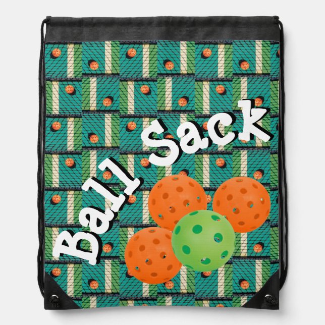 Ball Sack for Pickleballs - Teal, Orange, & Green  Drawstring Bag (Front)