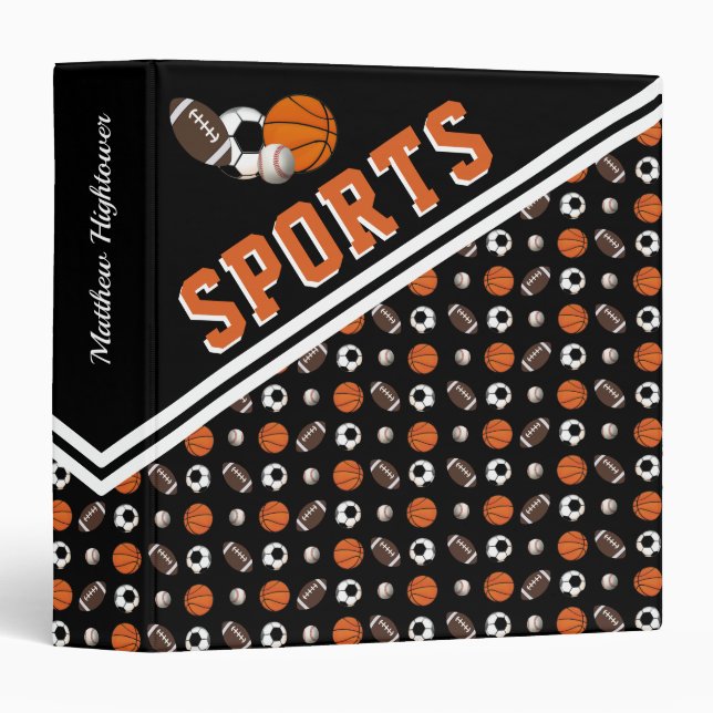 Ball Sports Black Pattern Name 3 Ring Binder (Front/Spine)
