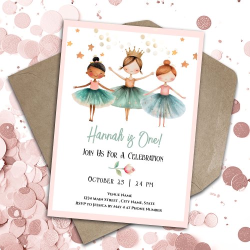 Ballerina 1st Birthday Girl Invitation