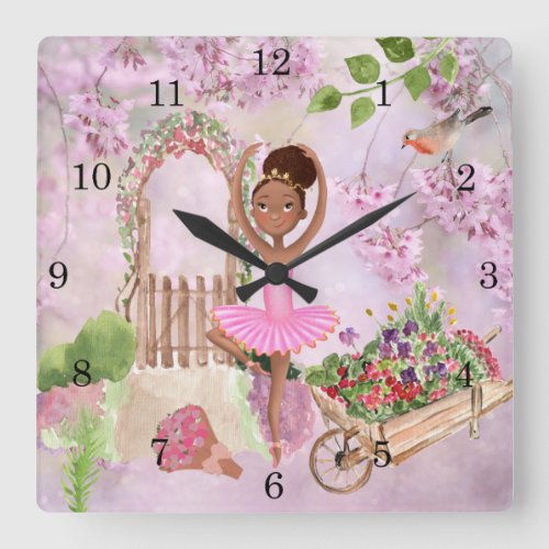 Ballerina African America Girl in Garden Ballet Square Wall Clock