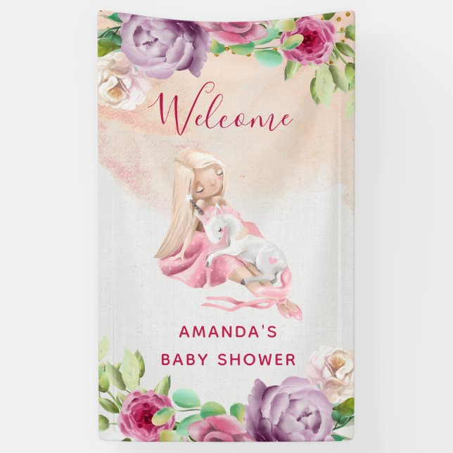 Ballerina and Baby Unicorn and Flowers Banner (Vertical)