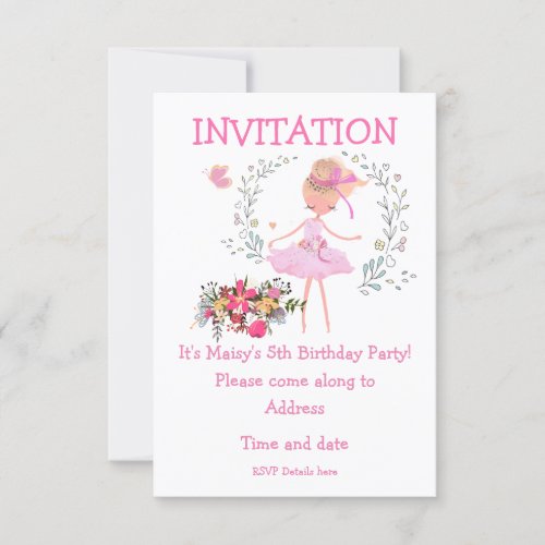 Ballerina and Floral Design Birthday Invite