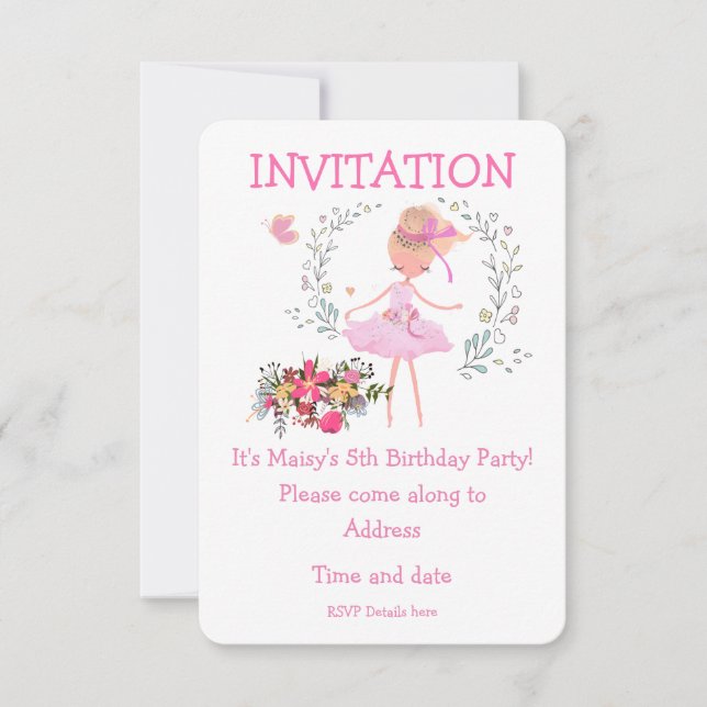 Ballerina and Floral Design Birthday Invite (Front)