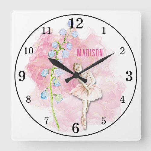 Ballerina and Lily of the Valley Floral on Pink Square Wall Clock