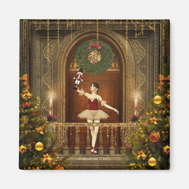 Ballerina and Nutcracker Square Holiday Magnet (Front)