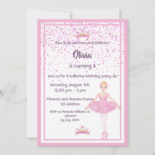 Ballerina and princess birthday party invitations