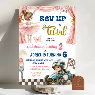 Ballerina and Racing Cars Joint Birthday Invitation