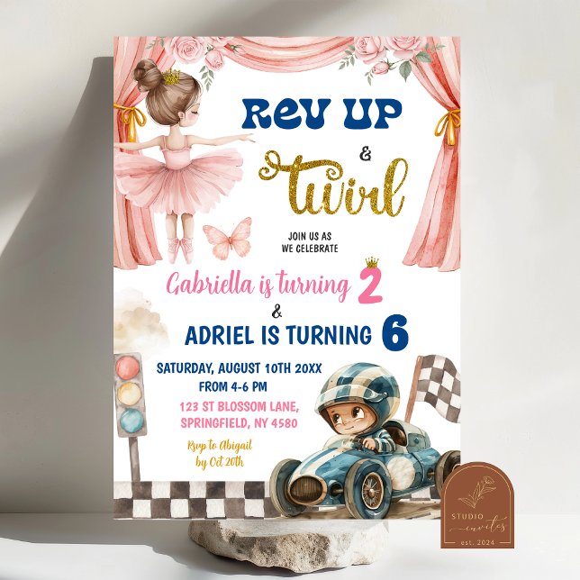 Ballerina and Racing Cars Joint Birthday Invitation (Creator Uploaded)