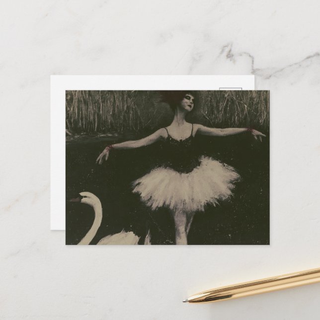 Ballerina and Swan Black and White Postcard (Front/Back In Situ)