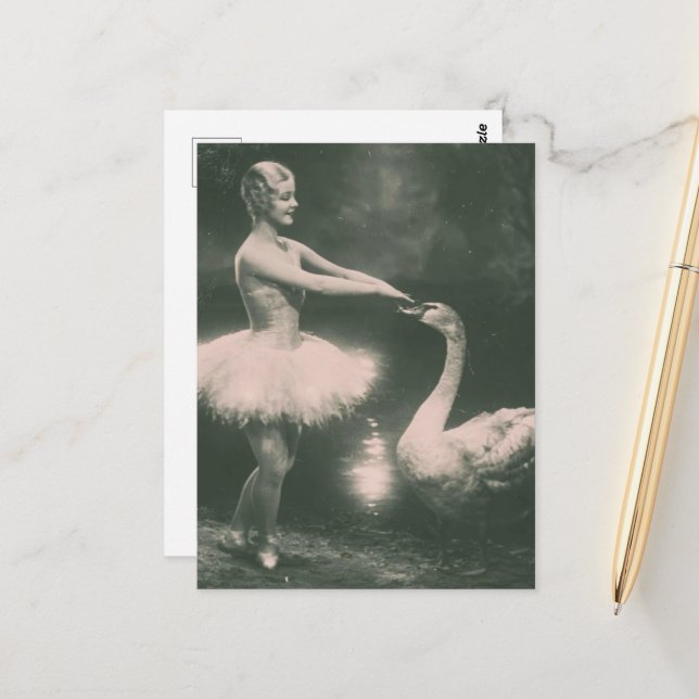  Ballerina and Swan Faux Vintage Photography Postcard (Front/Back In Situ)
