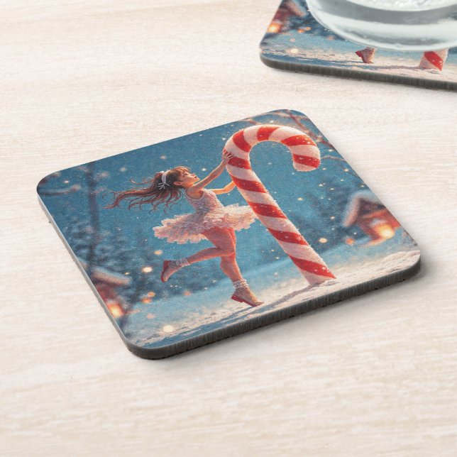 Ballerina Anime Girl & Candy Cane Christmas Beverage Coaster (Left Side)