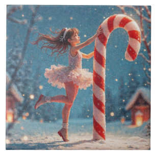 Ballerina Anime Girl & Candy Cane Christmas Ceramic Tile