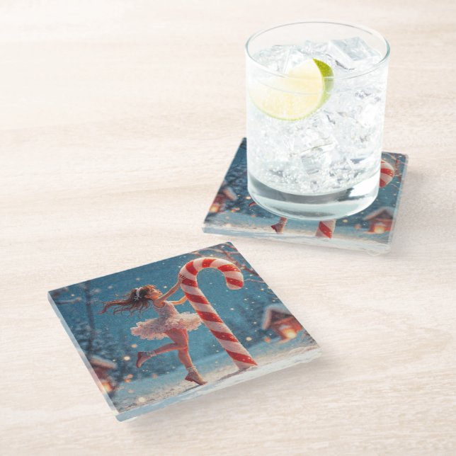 Ballerina Anime Girl & Candy Cane Christmas Glass Coaster (Angled)