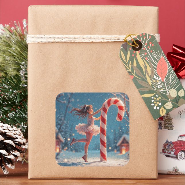 Ballerina Anime Girl & Candy Cane Christmas Square Sticker (Holiday)