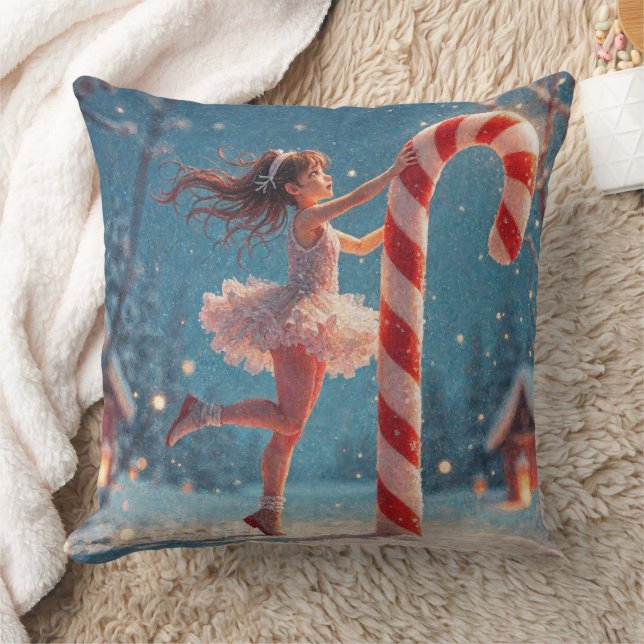 Ballerina Anime Girl & Candy Cane Christmas Throw Pillow (Blanket)