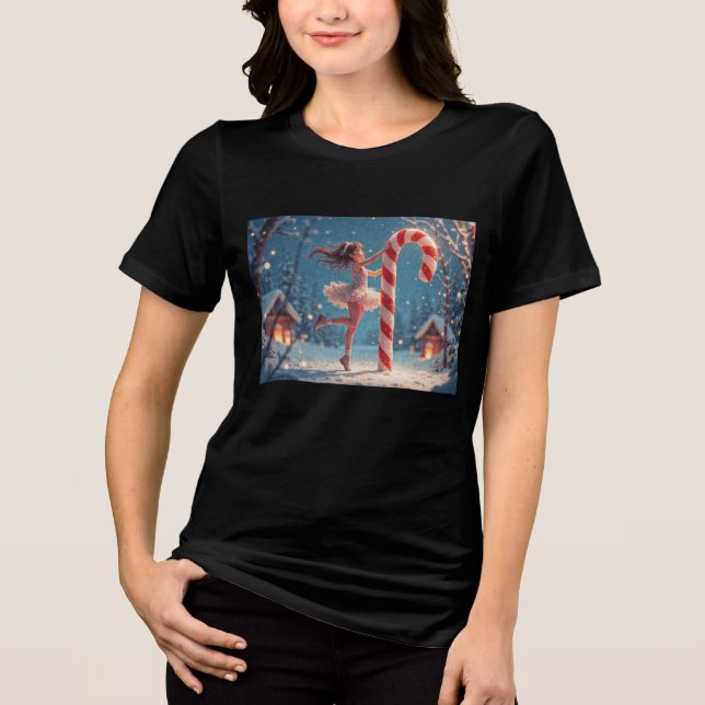Ballerina Anime Girl & Candy Cane Christmas Tri-Blend Shirt (Front)