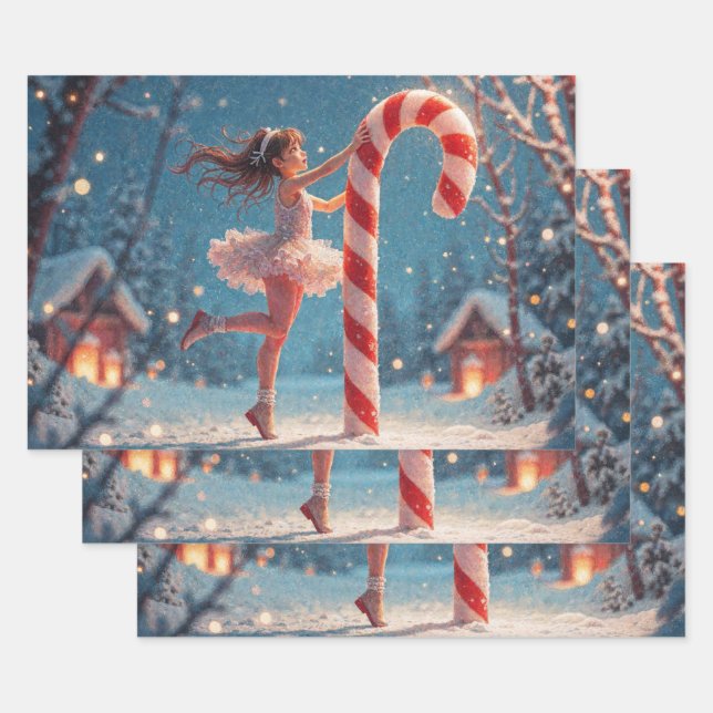 Ballerina Anime Girl & Candy Cane Christmas Wrapping Paper Sheets (Set)