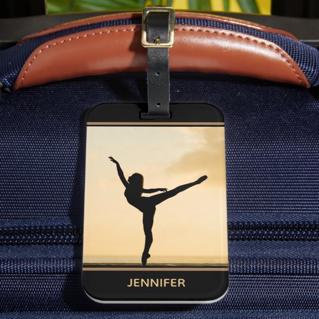 Ballerina Arabesque Sunset Silhouette Personalized Luggage Tag (Front Insitu 2)