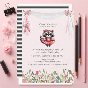 Ballerina Baby Girl Birthday Tutu Excited Raccoon Invitation