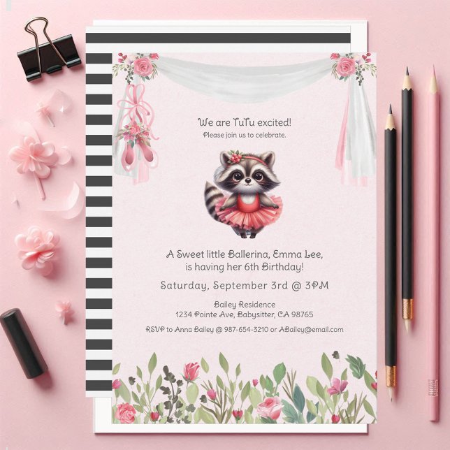 Ballerina Baby Girl Birthday Tutu Excited Raccoon Invitation (Creator Uploaded)