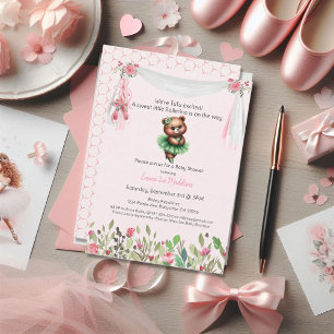 Ballerina Baby Girl Shower Tutu Excited Teddy Bear Invitation