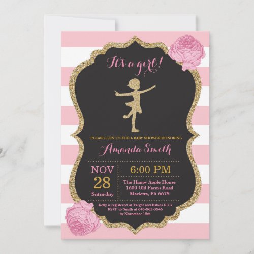 Ballerina Baby Shower Pink and Gold Glitter Invitation