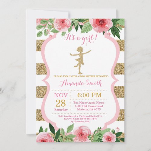 Ballerina Baby Shower Pink and Gold Glitter Invitation